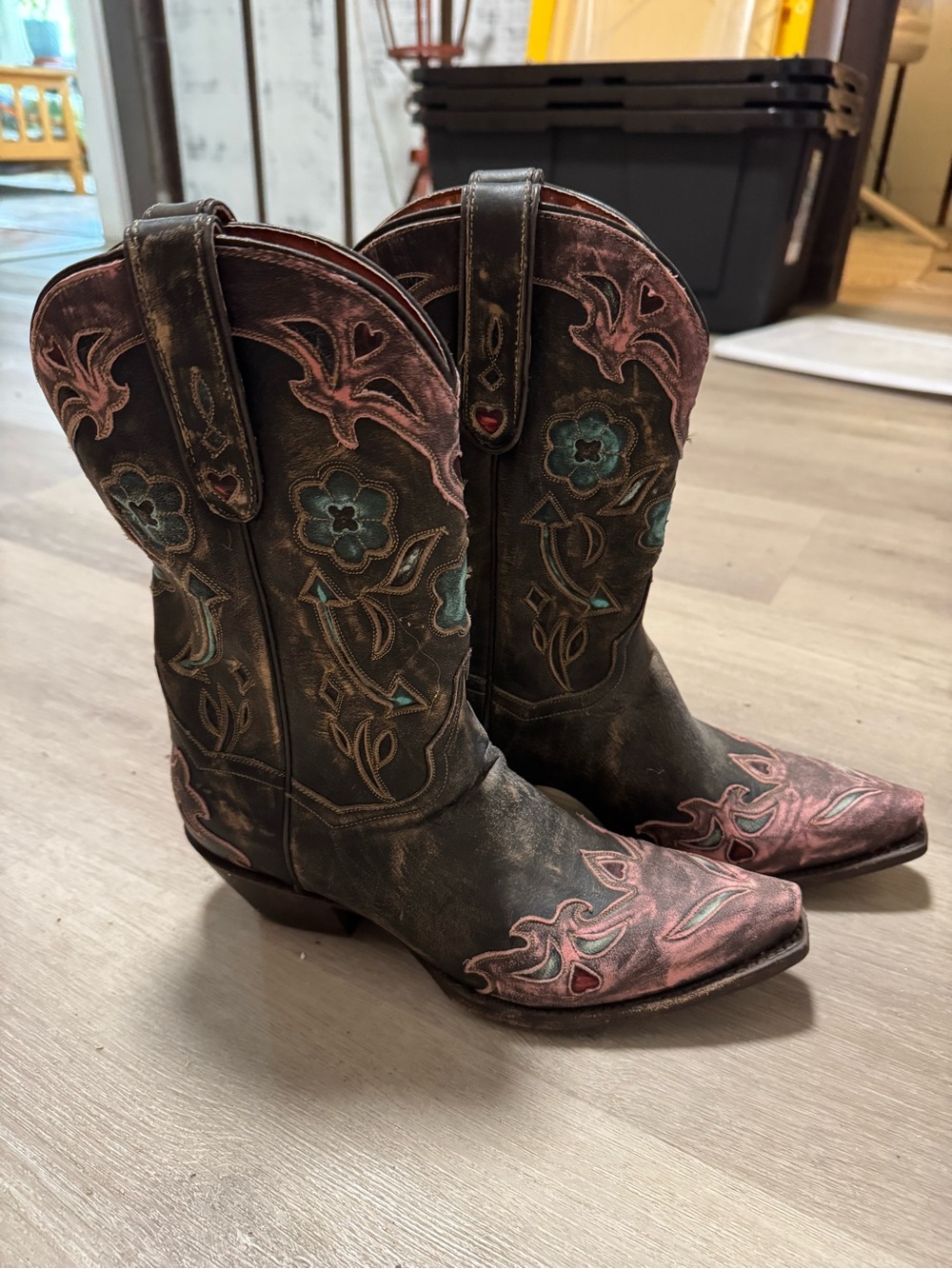 Dan Post Black Leather Western Boots with Pink & Turquoise Floral Embroidery